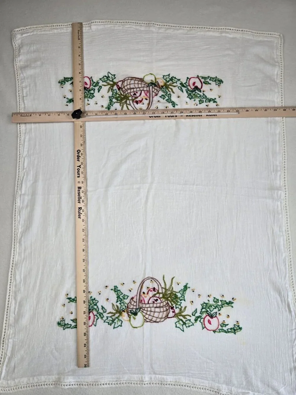 Vintage Hand-Embroidered Cotton Tablecloth Tea Towel Apple Basket Design Crochet